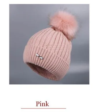 pink Дизайн, женские зимние шапки с помпоном, кашемир шерстяная пряжа, вязанная полосатая теплая шапка с бантом - Цвет: pink