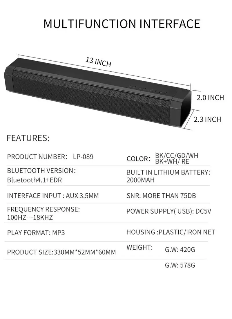 FELYBY Lp-089 беспроводной Bluetooth динамик Саундбар стерео мини аудио музыкальный плеер Домашний кинотеатр тв сабвуфер