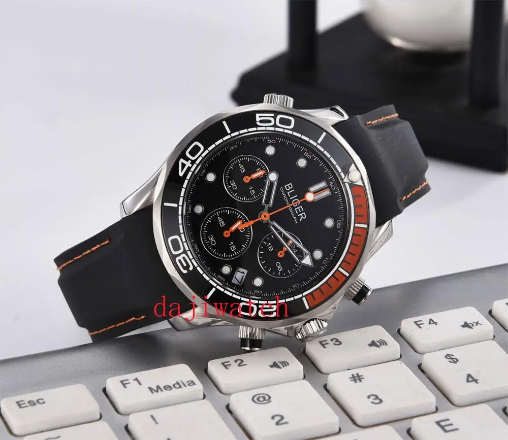 Мужские кварцевые часы с хронографом BLIGER черные оранжевые керамическим корпусом
