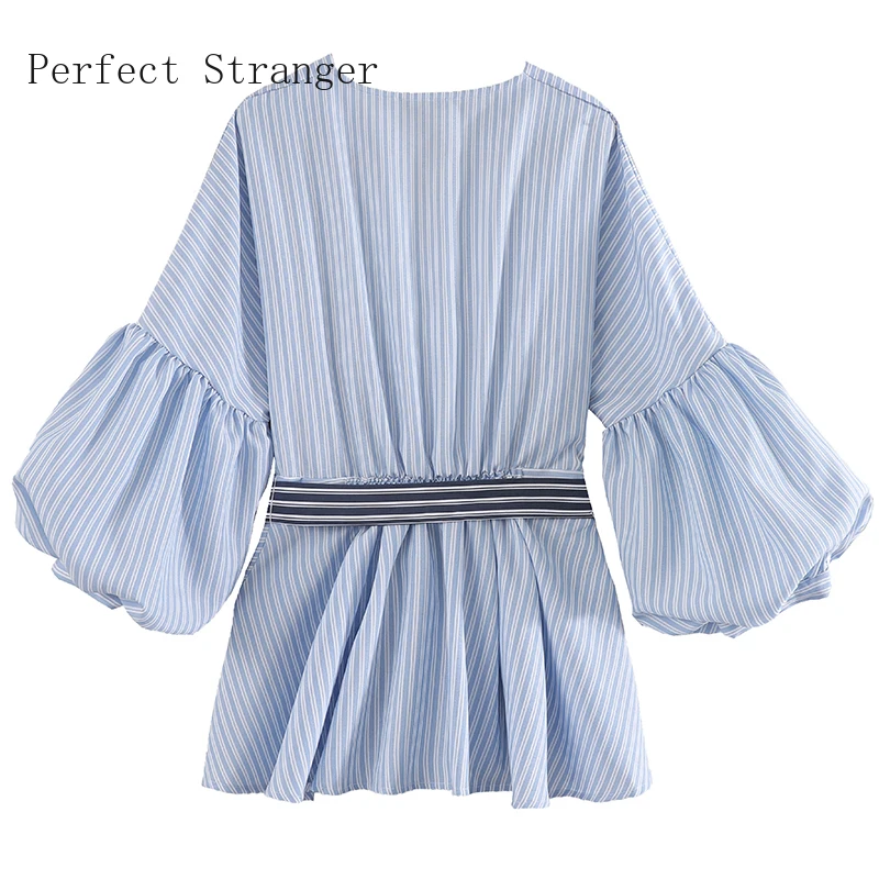 

2021 Spring Autumn New Arrival Hot Sale V Collar Three Quarter Sleeve Striped Women Chiffon Blouse High Quality