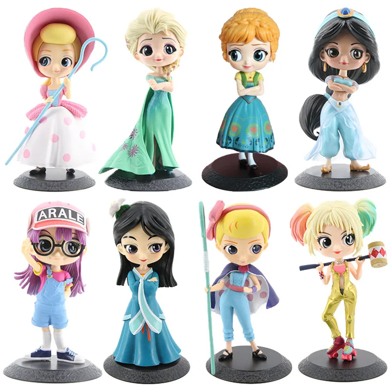 

Three Generation Q Posket Disney Princess Elsa Anna Ariel Jasmine Bo Peep Arale Mulan Harley Quinn 13-16CM Dolls