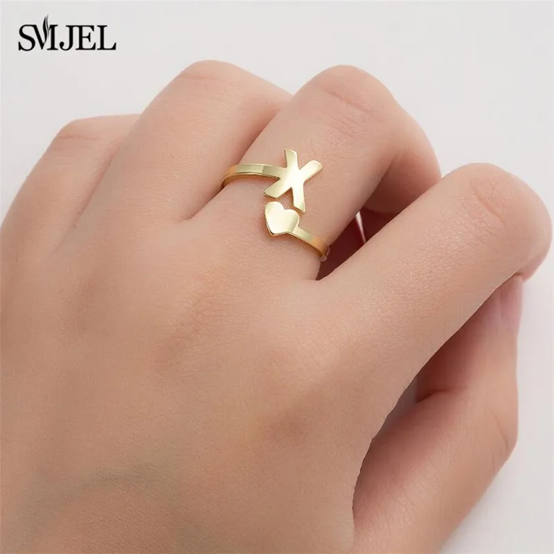 

SMJEL Fashion Tiny Heart Initial Rings for Women Personalize Letter Name Cuff Rings Cocktail bijoux Femme Jewelry Gift Accessory