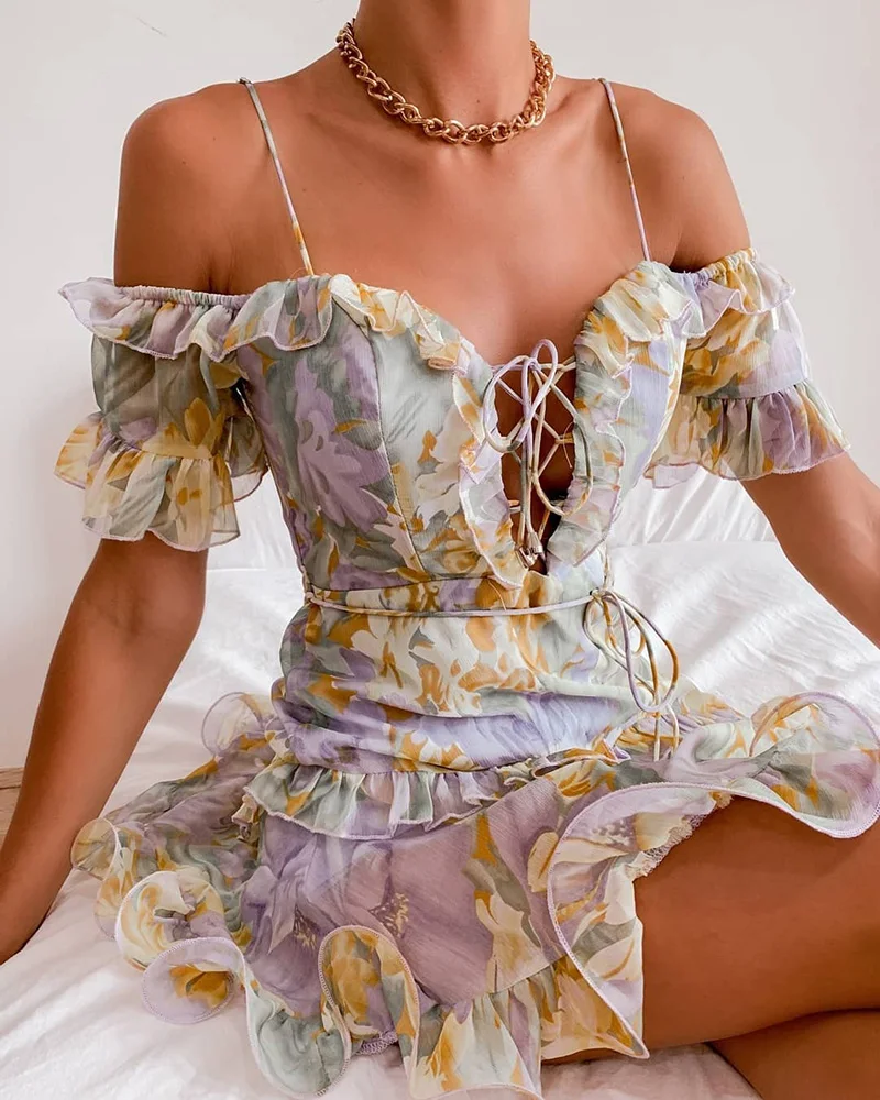 

2021 Summer Women Cold Shoulder Lace-up Ruffle Hem Floral Print Dress Sexy Mesh Spaghetti Strap Casual Mini Bodycon Party Cloth