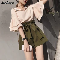 womens shorts set 2022 summer new lotus leaf sleeves top pants two piece korean fashion high waist sexy t shirt trousers suit