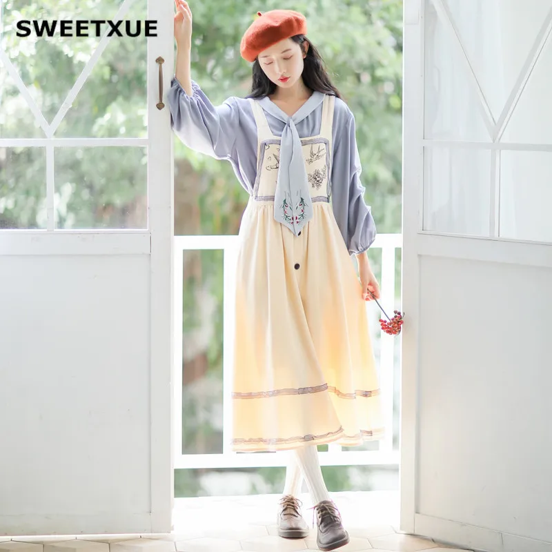 SWEETXUE/ Осенняя Элегантная стильная юбка на бретельках костюм из двух предметов короткая с рукавом-фонариком и бантом, шифоновый топ на шнуровке, комплект с юбкой на бретельках