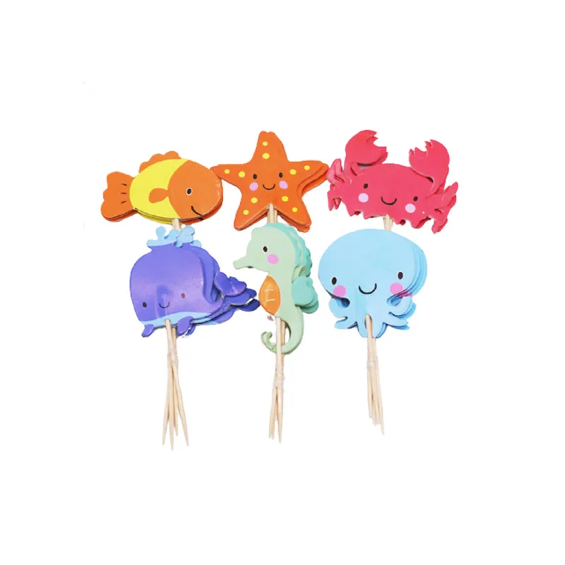 

24Pcs Birthday Cake Toppers Fish Sea Star Crab Shape Cake Flags Baby Shower Mermaid Theme Cake Decoration Party Supplies