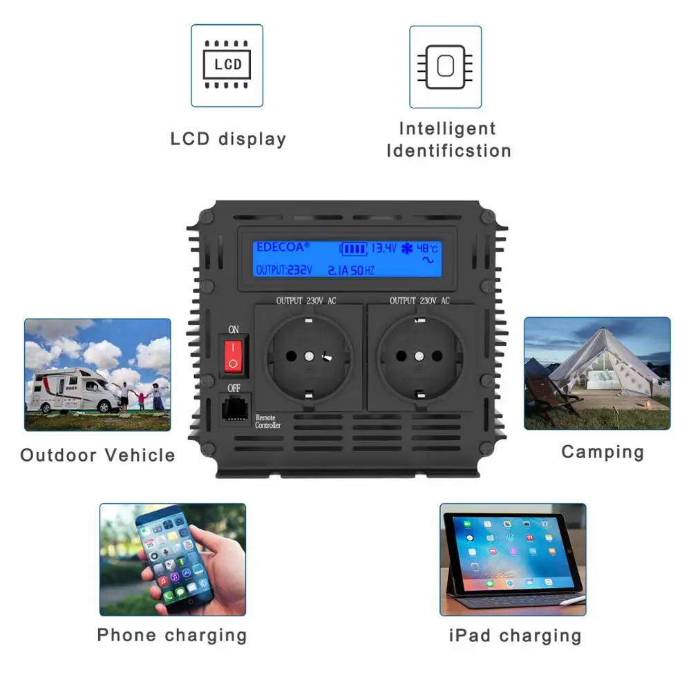 EDECOA 2000 Вт чистый синусоидальный сигнал постоянного тока 12 В в переменный ток 220 230