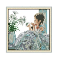 the girl with flowers cross stitch kit 14ct count fabric canvas x stitching material bag embroidery diy handmade needlework plus