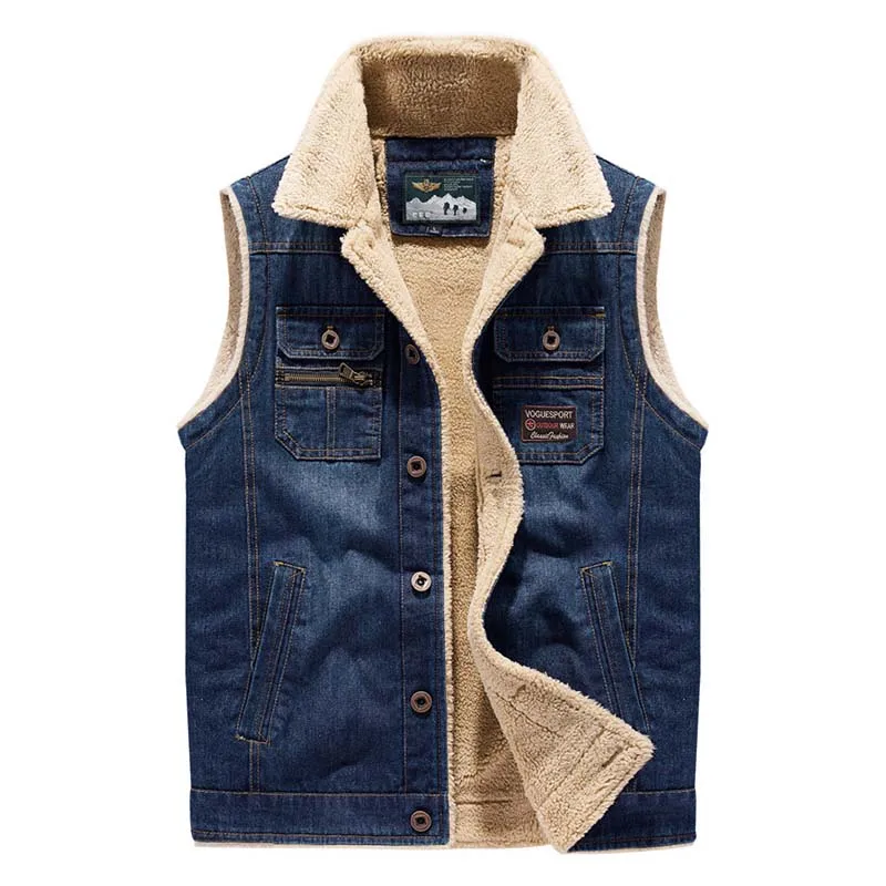 

Mcikkny Winter Men Warm Thermal Denim Vest Multi Pockets Casual Waistcoats For Male Top Clothing Size M-4XL Windbreak