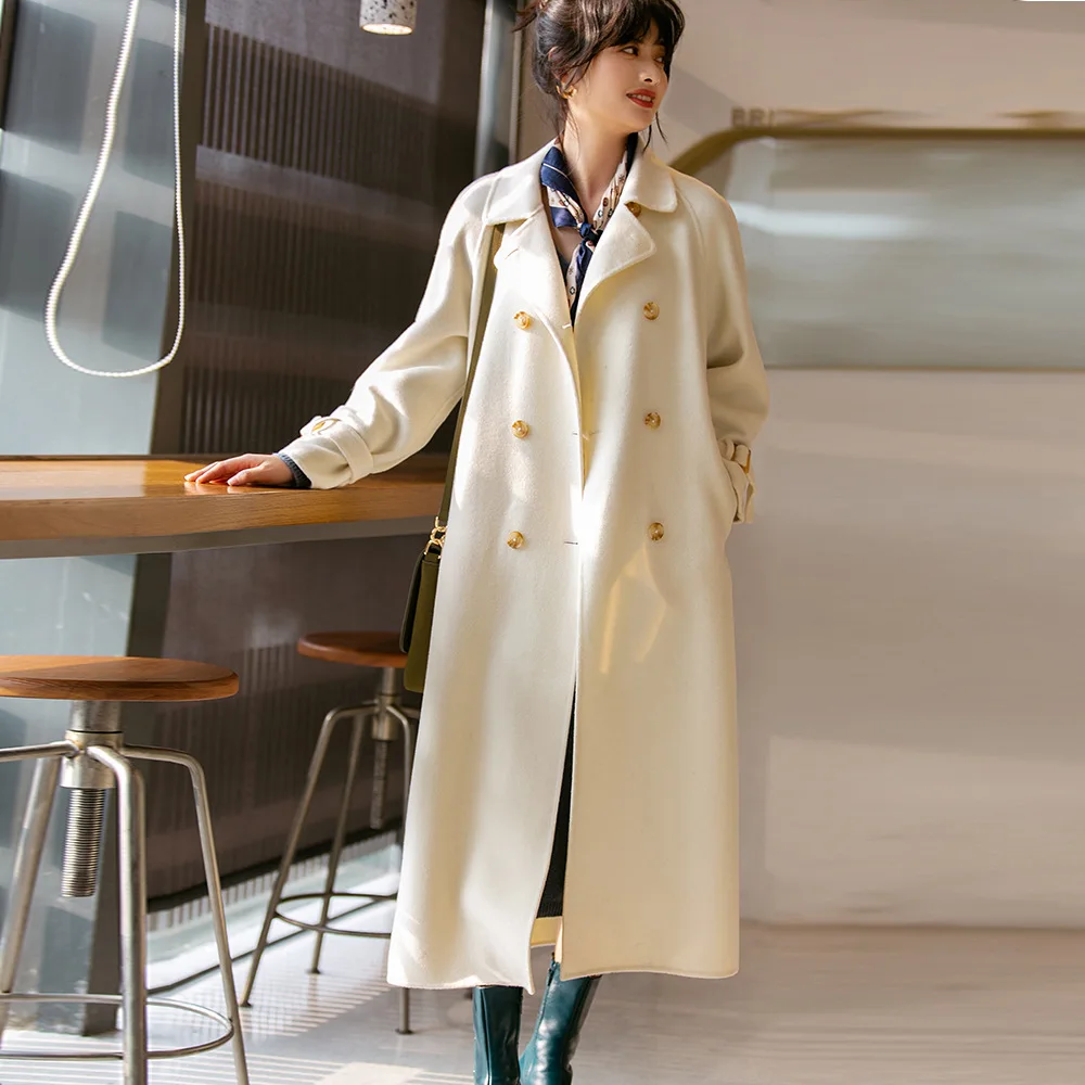 Женское шерстяное пальто белое длинное двубортное большого размера с поясом