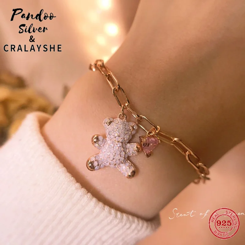 

Fashion Charm Pure 925 Silver Original 1:1 Copy, SWAN Cute Childlike Teddy Bear Bracelet Female Lovely Jewelry Gifts