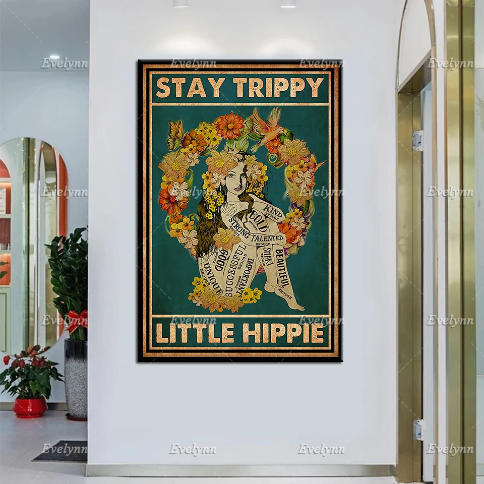 

Маленький плакат Stay Trippy в стиле хиппи, Цветочная девушка Художественная печать, винтажное хиппи настенное искусство, цыганский холст, хиппи...