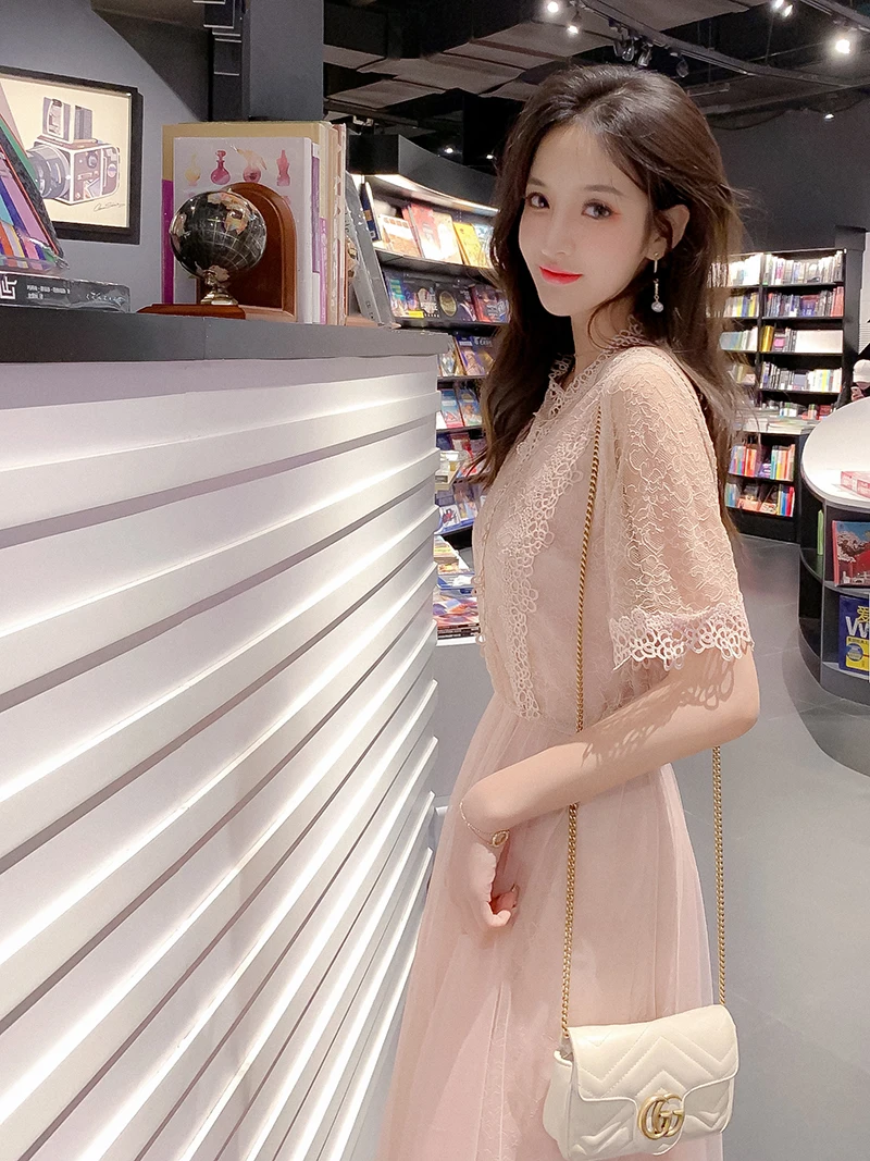 

Office Lady Temperament Lace Dress Summer O-Neck Short Short Sleeve Slim Dress Fashion Holiday A-Line Dress Vestidos Mujer