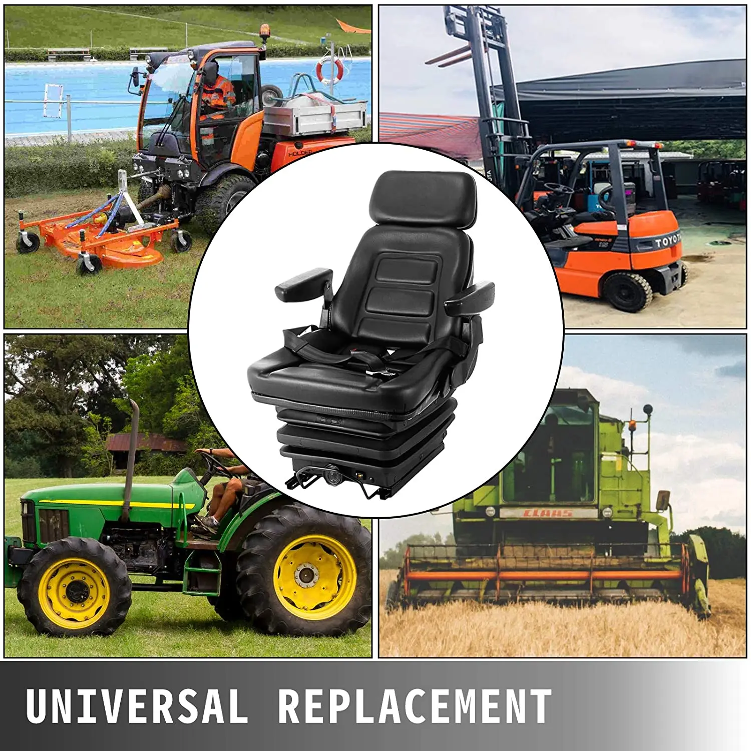 

Suspension Seat Adjustable Backrest Headrest Armrest Forklift Seat with Slide Rails Foldable Heavy Duty for Tractor Forklift Exc