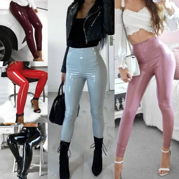 

Women's PU Leather Yoga Elastic High Waist Legging Pants 2021 New Slim Fitness Leather Pants Female Sexy Skinny Leggins