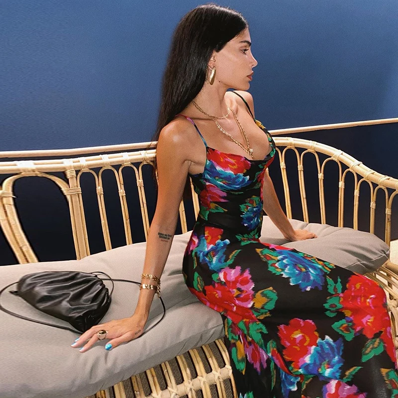 NewAsia Black Floral Maxi Dress for Women - Cowl Neck, Spaghetti Strap, Backless Print. Ideal for Beach, Party, Night Out. Sexy Long Dress for Women. image 3