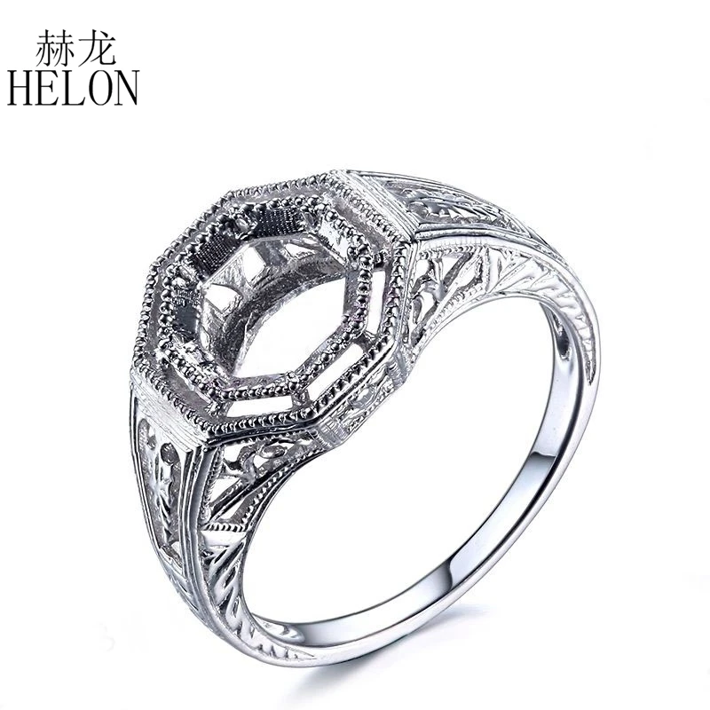 

HELON 925 Sterling Silver Engagement Ring Women Fine Jewelry Vintage Wedding Art Deco Semi Mount Ring Setting Fit Round Cut 7mm