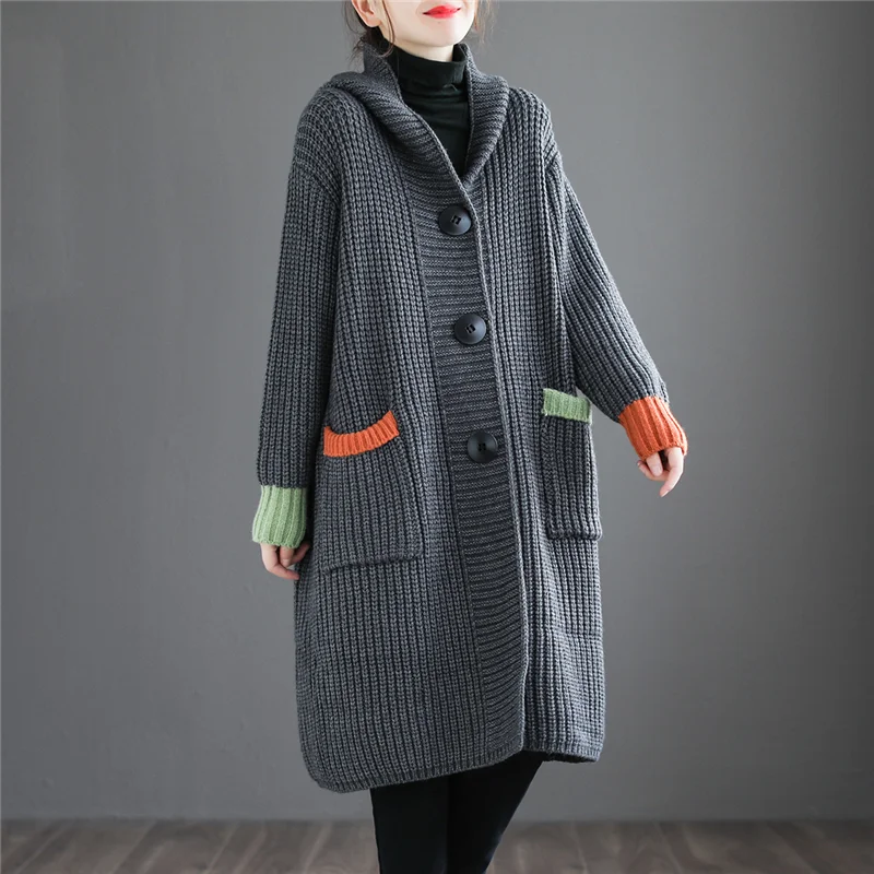 

Top quality Hooded Sweater Ladies Knit Cardigan Autumn/Winter Thicken Contrasting Color Lady Long Sleeve Jacket With Pocket
