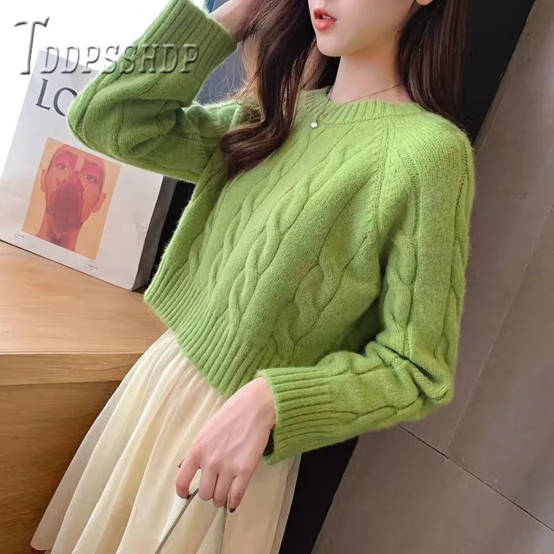 

2019 Twist Avocado Green Color Women Sweater Round Neck Loose Female Sweaters