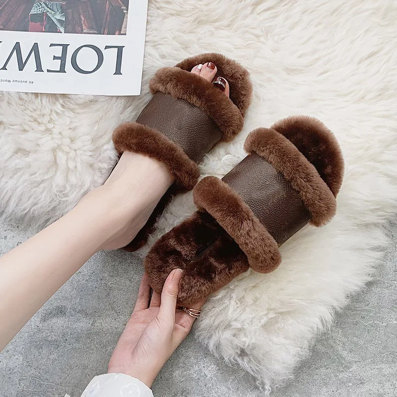 

2021 New Women Shoes Fur Slippers Flat Sandals Female Open-Toe Shoes Women Sandals Casual Plush Style Ladies Winter Plus Size