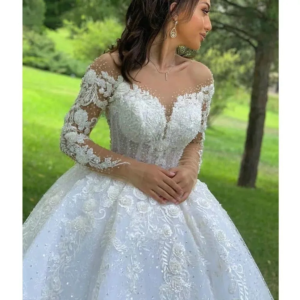 Ball Gown Princess Wedding Dresses O Neck Lace Appliqus Beaded Long Sleeves wedding dresses for women vestidos de novia 2023 images - 6