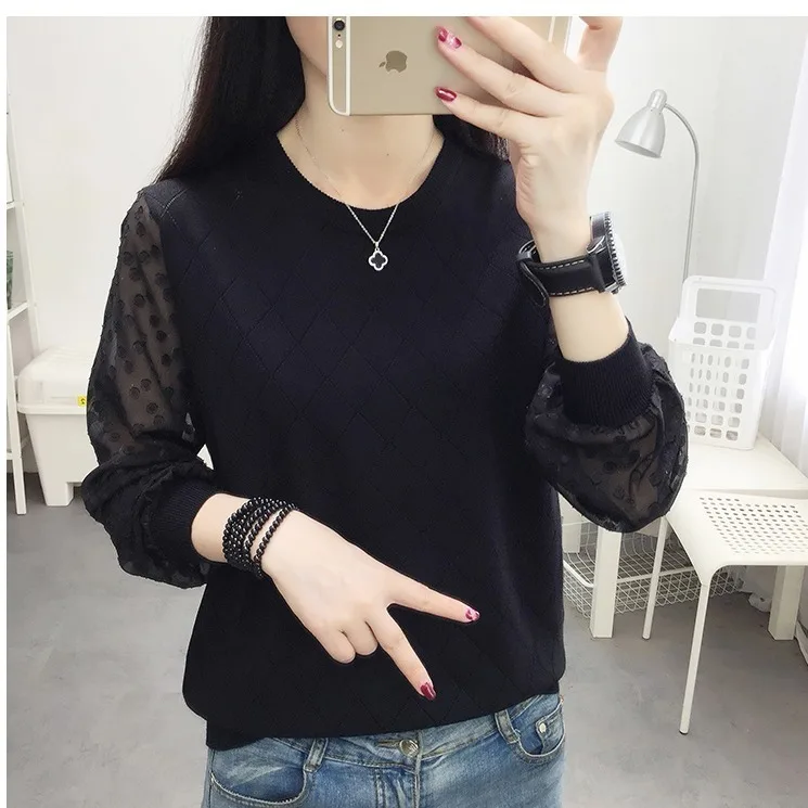 

Knitted Sweater Women's Large Size Loose Pullover Stitching Autumn New Korean Style Hollow All-match Bottoming Shirt Top Women