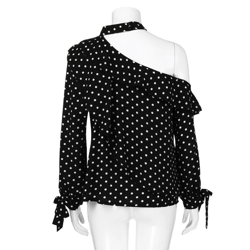 

Summer Fashion One-shoulder Off-shoulder Halter Neck Cuffs Bowknot Long-sleeved Polka Dot Blouse Lantern Sleeve Chiffon Ruffle