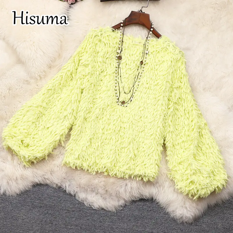 

2021 autumn new female o-neck lantern sleeve Furry shirts women's solid loose blouses chic shirt