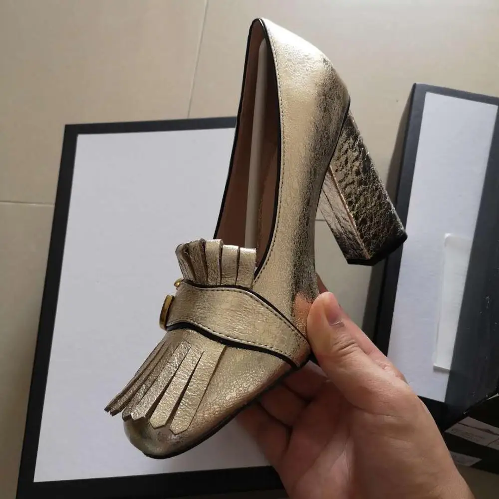 

Prowow Leathe Gold Heeled Loafer-Style Pump Women Pointed Toe Chunky Heels Elegant Ladies Shoes Shallow Woman Metal Buckle Pumps