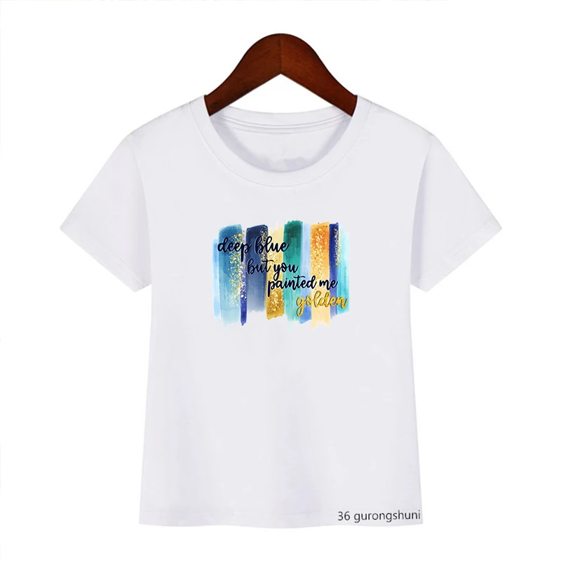 

Fashion girls t-shirts dark blue gold painting and tulip flower graphic print girls clothes Harajuku teen clothing tshirt tops