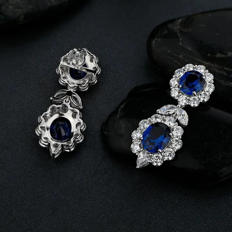 

Jazaz Fine 100% 925 Sterling Silver Drop Earrings For Women Lady Sparkling Full High Carbon Sapphire Flowers Wedding Party B1033