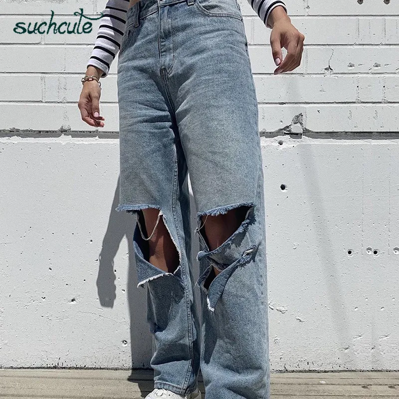 SUCHCUTE Hole Jeans Women Wide Leg Denim Pants Plus Size Punk Korean Style Trouser Casual Korean Style Harajuku Female Joggers