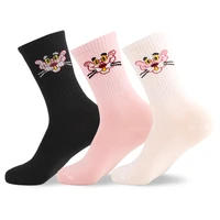 new women printed socks cute cortoon animal pink panther letters inscription black white cotton funny socks for female