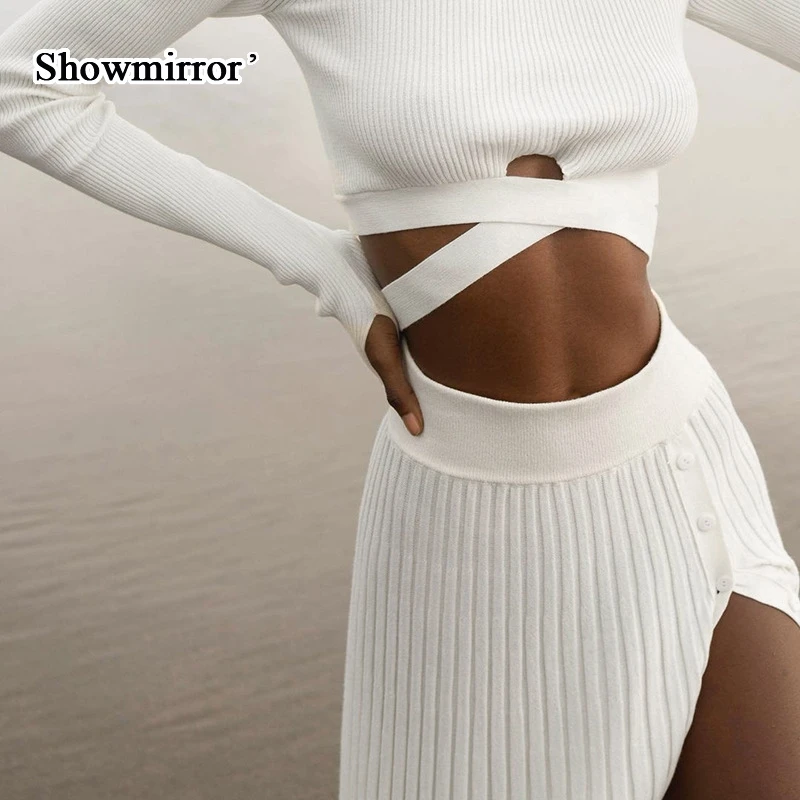

Showmirror осенне-зимняя одежда с длинным рукавом бандажный топ и плиссированная юбка комплект из 2 предметов женские вязаные подходящие компле...