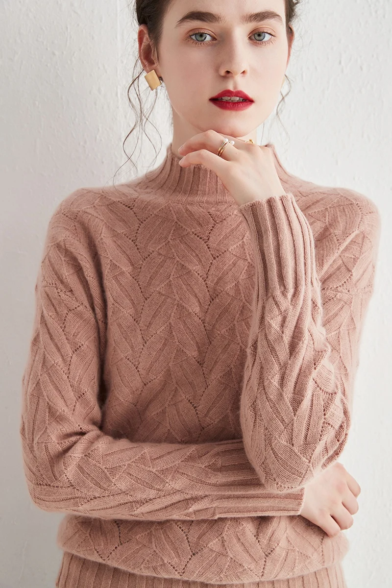 

Half high crew neck sweater women 2020 new worsted 100% cashmere sweater twist flower foreign style knitted pure wool bottomed