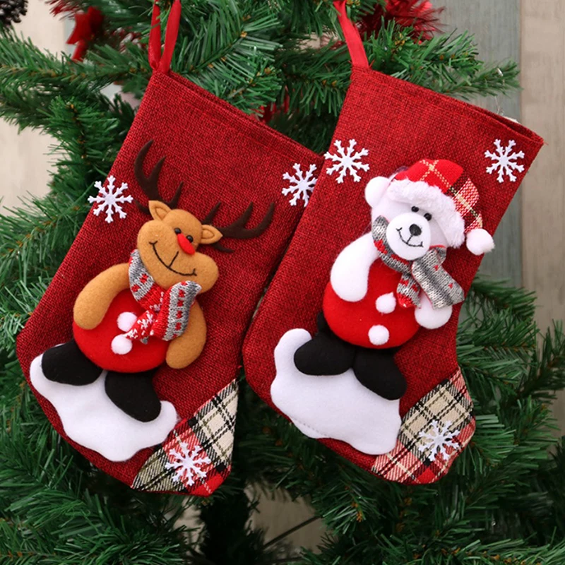 Christmas Tree Decorations Mini Sock Christmas Stocking Santa Claus Candy Gift Bag For Kid Tree Hanging Decor Wholesale 1PC