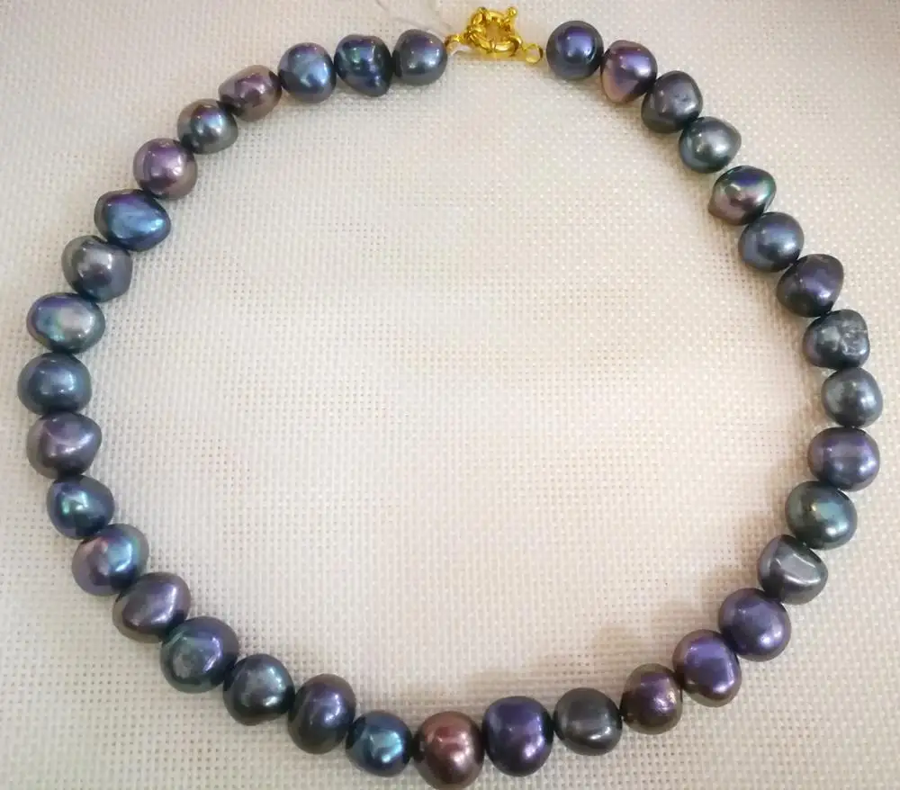 

Женские украшения 9 мм, черные, серые, зеленые плоские бусины в стиле барокко, колье, Золотая застежка, натуральный пресноводный жемчуг 35 см 40...