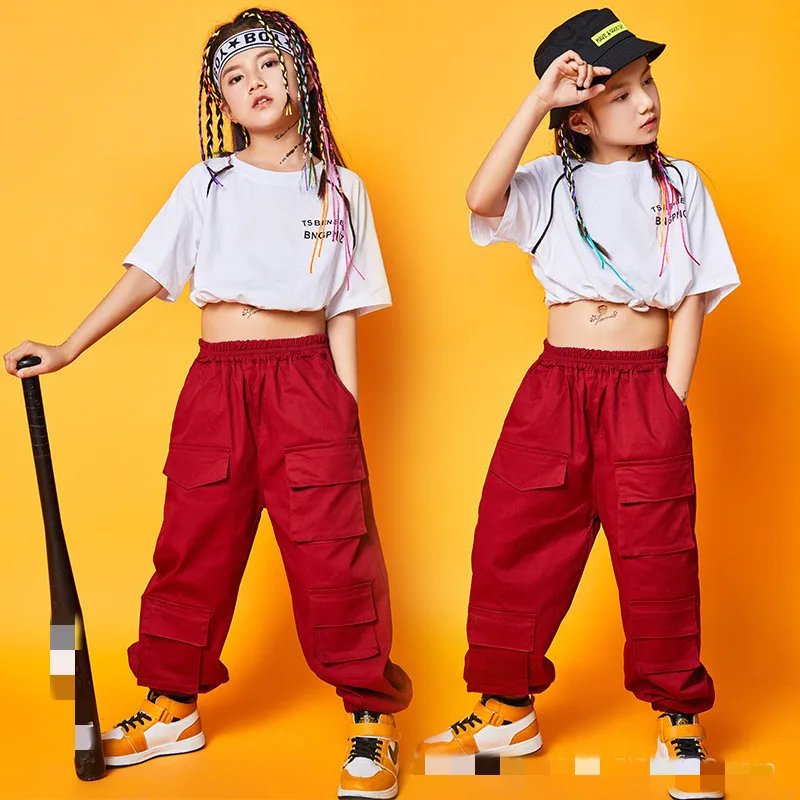 

Girl's Hip Hop Clothing Loose Crop Tops Red Cargo Pants Short Sleeve Hiphop Outfits Jazz Dance Performance Stage Costumes