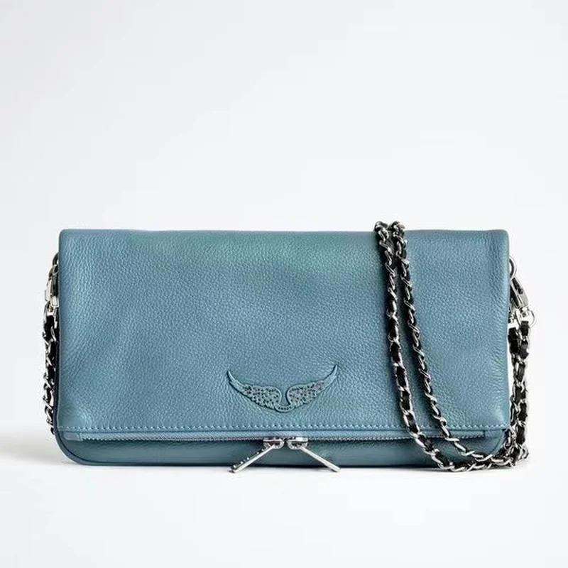 

100% Genuine Leather Amazing Blue Handbag Fashion Personality Wings Decorated Two Chains Lovely Single Shoulder Bag