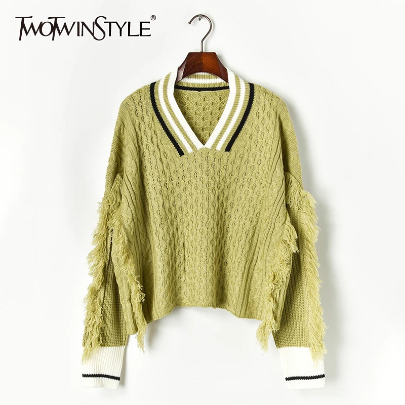 TWOTWINSTYLE вязаный лоскутный свитер с кисточками для женщин v-образный вырез фонарь