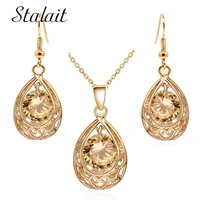hollow water drop champagne zircon earring pendant necklace jewelry set for women mothers day gift bridal wedding