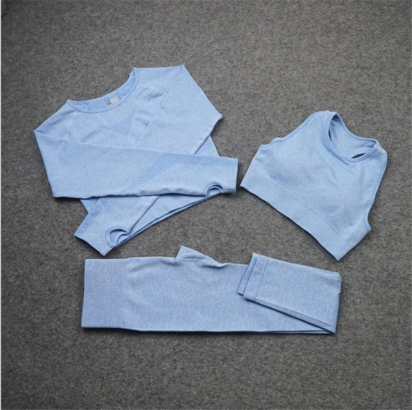 

3 Piece Sports Suits Yoga Set Women Fitness Clothing Racerback Sports Bra Seamless Leggings Sets yoga vest+shirt+pants DS44