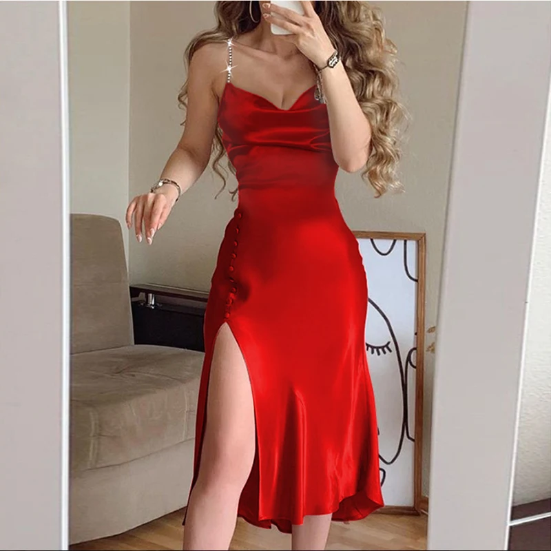 

Summer Women Satin Spaghetti Strap Dress Side Split Soild Midi Dress Bodycon Red Black Lady Sexy Night Party Club Vestidos 2021
