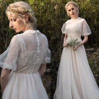 lace vintage wedding dresses a line collar o neck bridal gown short puffy sleeves wedding gowns vestido de novia country style