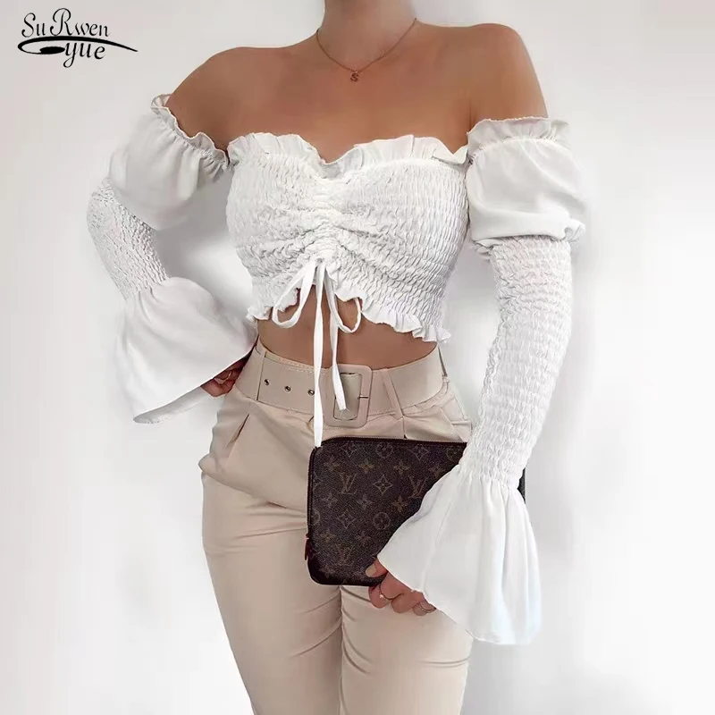 

Elegant Sexy Drawstring Puff Sleeve White Blouse Autumn Long Sleeve Shirt Tops Women Folds Slash Neck Solid Shirt Blusas 16972