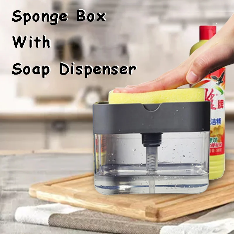 

HOT SALE Kitchen Tool 2 in 1 Scrubbing Liquid Detergent Dispenser Press-type Liquid Soap Box Pump Organizer with Sponge
