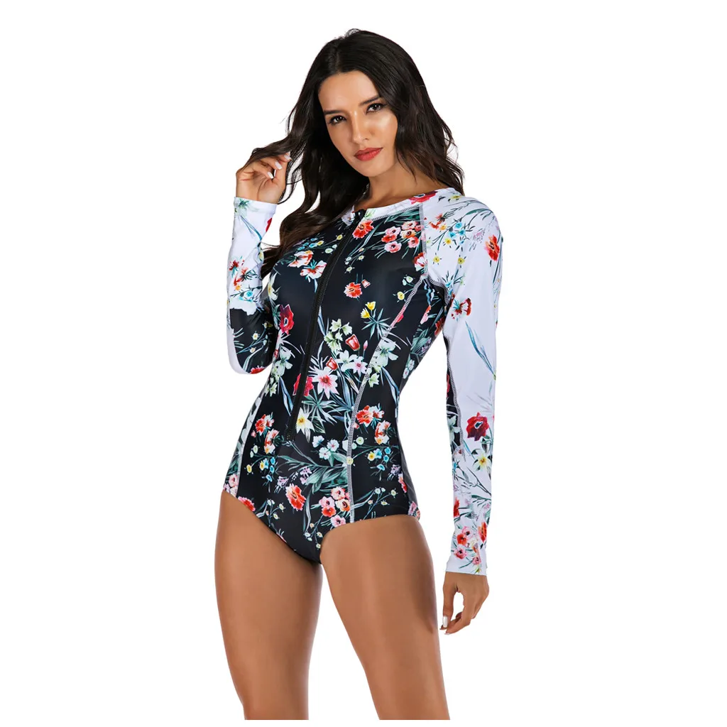 Женский Цельный купальник с длинными рукавами и принтом для дайвинга серфинга
