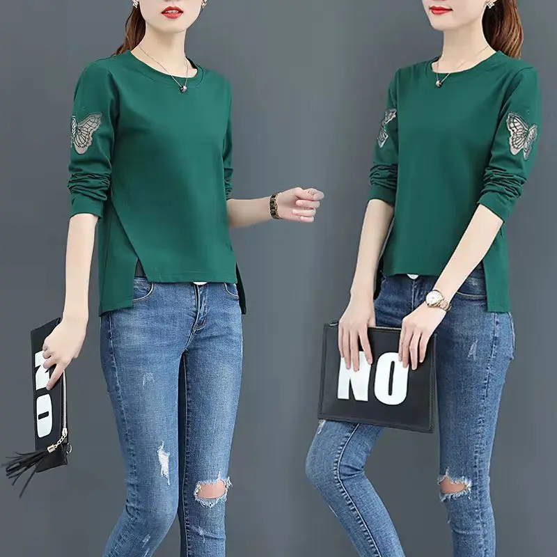 

Женская хлопковая модная футболка с коротким рукавом и длинным рукавом, новые асимметричные топы с вышивкой в Корейском стиле