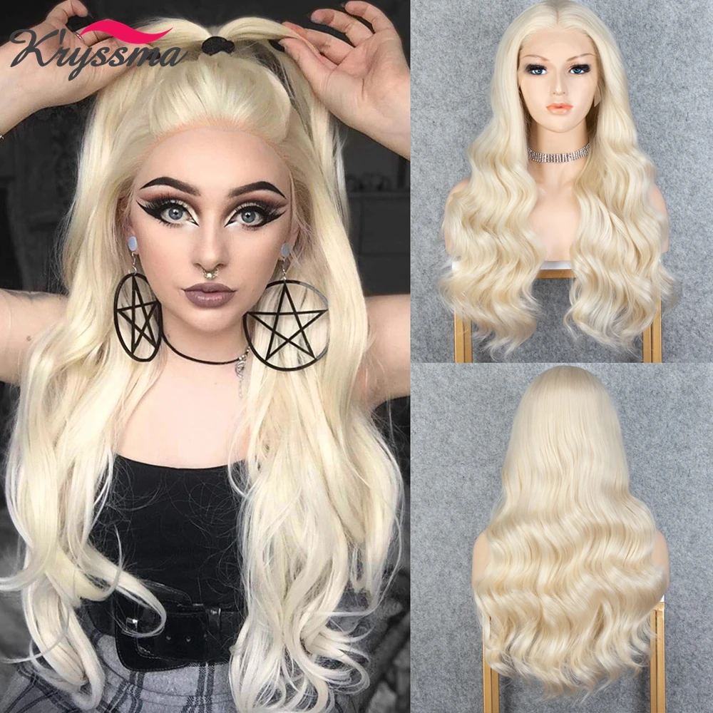 Kryssma 613 Blonde Long Wavy Wig Synthetic Lace Front Wig With Natural Hairline Heat Resistant Blonde Wig Fiber Hair Cosplay Wig