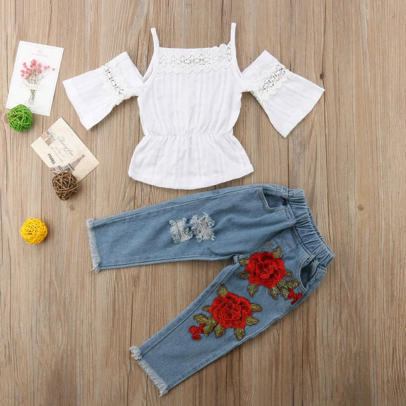 Pudcoco/Новинка модные детские кружевные топы для девочек джинсы с цветочным